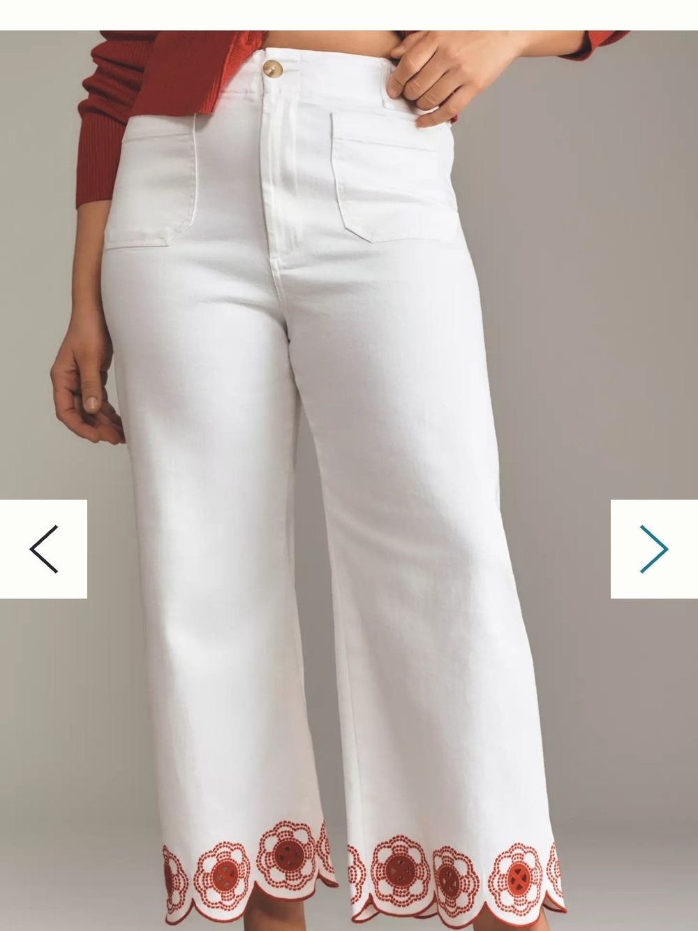 Anthropologie White Wide-Leg Crop Jeans with Red Scalloped Floral Hem